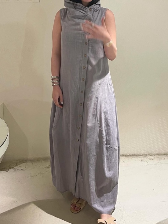 Emery Rose Dresses & Skirts - Grey Cotton Lagenlook Cowl Neck Sleeveless Button Down Maxi Dress Sz M